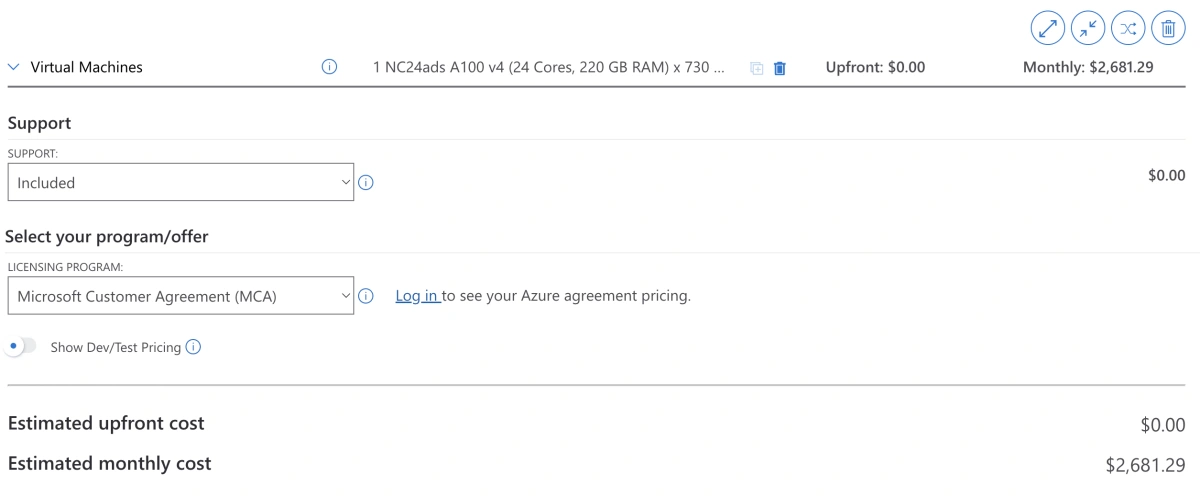 Standard_NC24ads_A100_v4 costs $2,681.29 USD a month on Azure