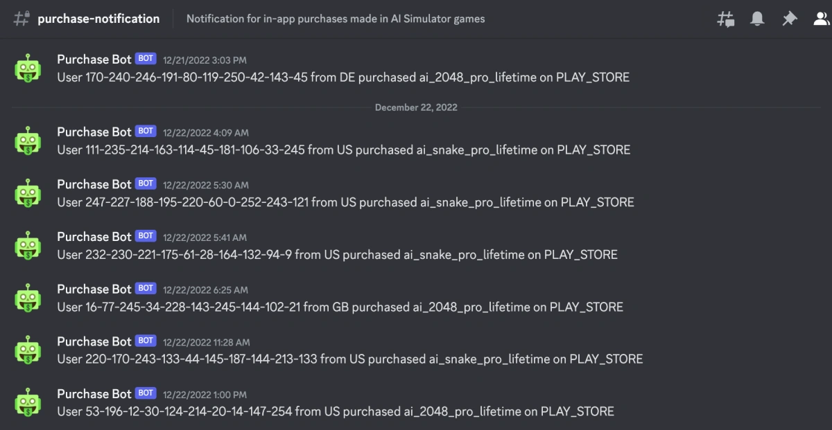 Discord bot I made to track In-App-Purchase for AI Simulator games